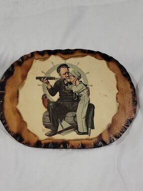 Hand Crafted Nautical Sailor & Child Wood Plaque - Brown & Cream Vintage 1983